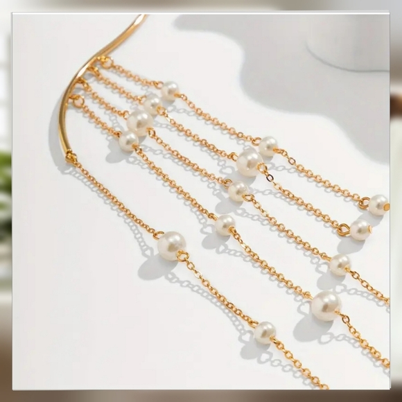 Pearl fringe necklace long open women gold chain jewelry - Picture 7 of 9